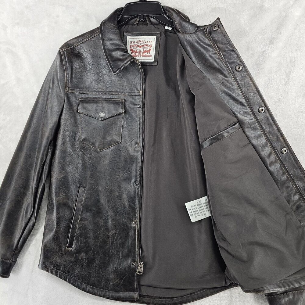 Levi's‎ Faux Leather Jacket Mens Medium Brown Trucker Moto Coat - Picture 4 of 7